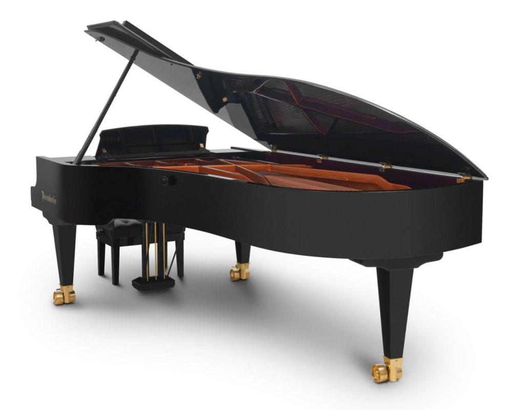 Piano de cola BÖSENDORFER Concert Grand 280 VC color negro con banqueta vista posterior